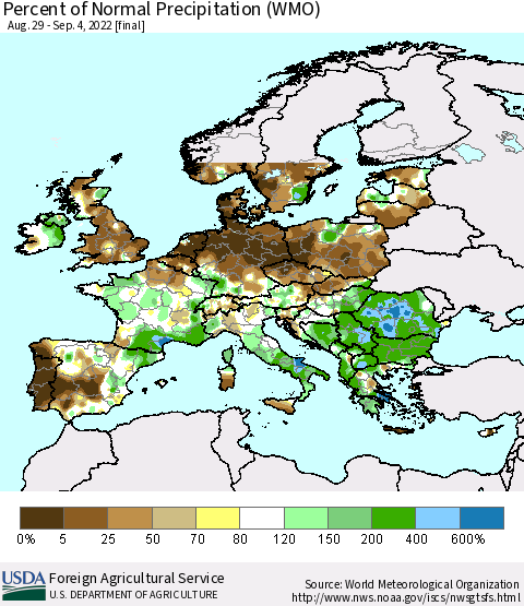 Europe Percent of Normal Precipitation (WMO) Thematic Map For 8/29/2022 - 9/4/2022