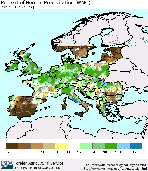 Europe Percent of Normal Precipitation (WMO) Thematic Map For 9/5/2022 - 9/11/2022