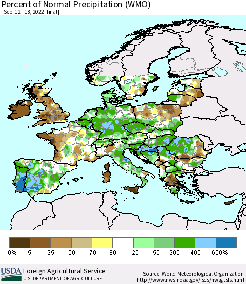 Europe Percent of Normal Precipitation (WMO) Thematic Map For 9/12/2022 - 9/18/2022