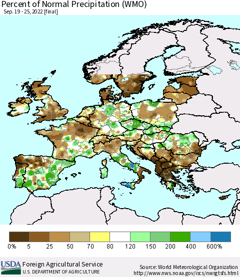 Europe Percent of Normal Precipitation (WMO) Thematic Map For 9/19/2022 - 9/25/2022