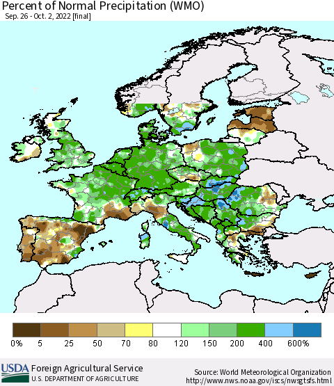 Europe Percent of Normal Precipitation (WMO) Thematic Map For 9/26/2022 - 10/2/2022
