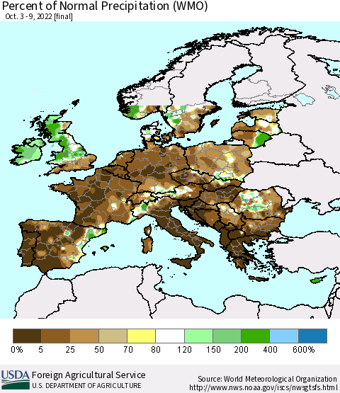 Europe Percent of Normal Precipitation (WMO) Thematic Map For 10/3/2022 - 10/9/2022