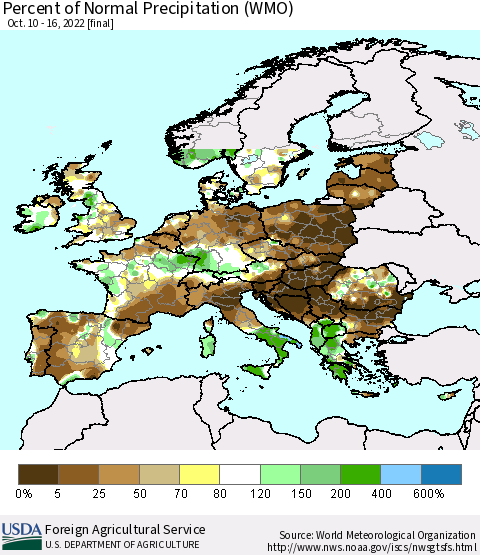 Europe Percent of Normal Precipitation (WMO) Thematic Map For 10/10/2022 - 10/16/2022