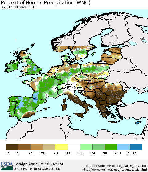Europe Percent of Normal Precipitation (WMO) Thematic Map For 10/17/2022 - 10/23/2022
