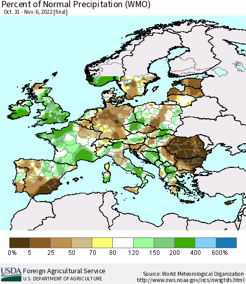 Europe Percent of Normal Precipitation (WMO) Thematic Map For 10/31/2022 - 11/6/2022