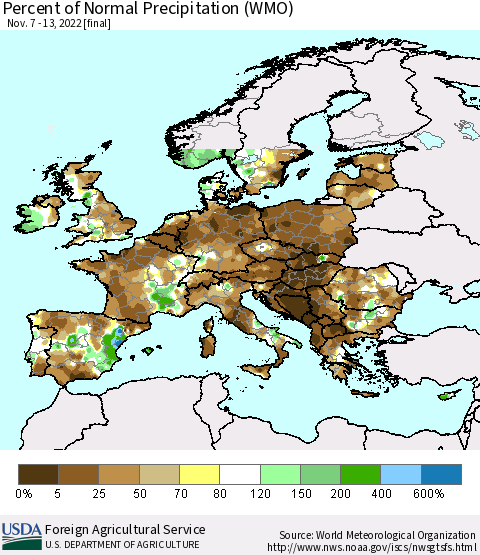 Europe Percent of Normal Precipitation (WMO) Thematic Map For 11/7/2022 - 11/13/2022
