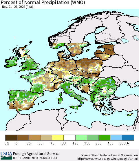Europe Percent of Normal Precipitation (WMO) Thematic Map For 11/21/2022 - 11/27/2022