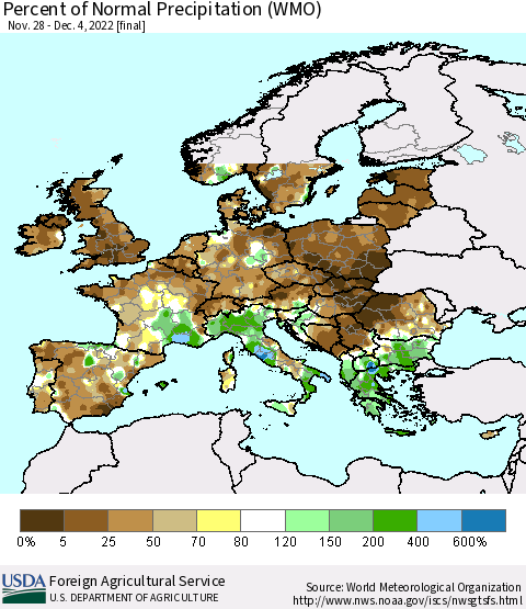 Europe Percent of Normal Precipitation (WMO) Thematic Map For 11/28/2022 - 12/4/2022