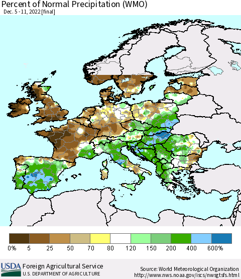 Europe Percent of Normal Precipitation (WMO) Thematic Map For 12/5/2022 - 12/11/2022
