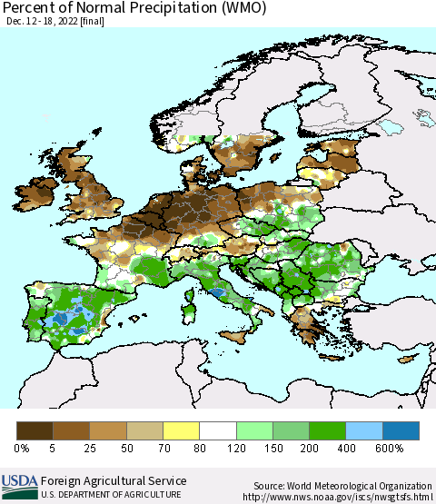 Europe Percent of Normal Precipitation (WMO) Thematic Map For 12/12/2022 - 12/18/2022