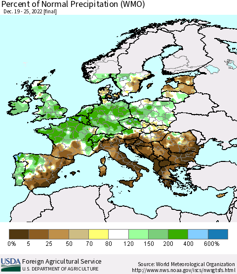 Europe Percent of Normal Precipitation (WMO) Thematic Map For 12/19/2022 - 12/25/2022