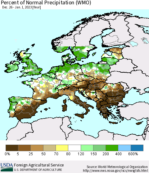 Europe Percent of Normal Precipitation (WMO) Thematic Map For 12/26/2022 - 1/1/2023