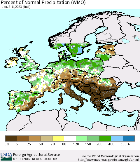 Europe Percent of Normal Precipitation (WMO) Thematic Map For 1/2/2023 - 1/8/2023