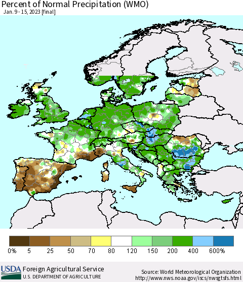 Europe Percent of Normal Precipitation (WMO) Thematic Map For 1/9/2023 - 1/15/2023