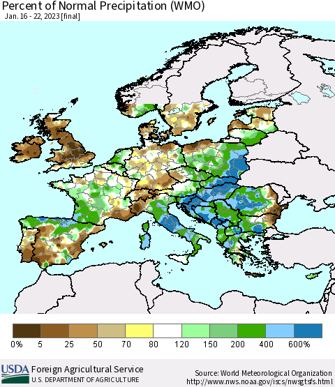 Europe Percent of Normal Precipitation (WMO) Thematic Map For 1/16/2023 - 1/22/2023