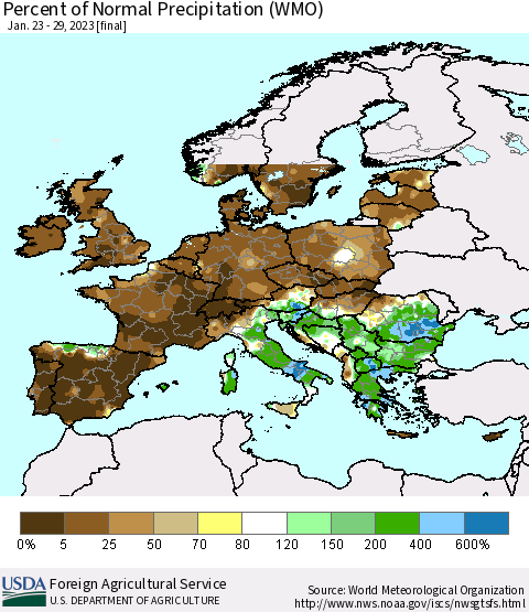 Europe Percent of Normal Precipitation (WMO) Thematic Map For 1/23/2023 - 1/29/2023