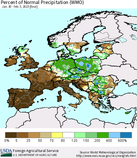 Europe Percent of Normal Precipitation (WMO) Thematic Map For 1/30/2023 - 2/5/2023