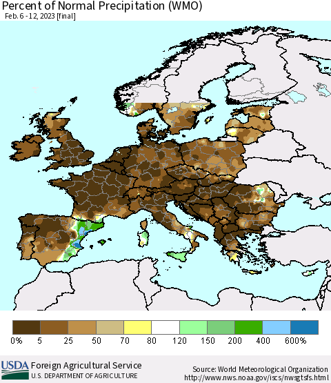 Europe Percent of Normal Precipitation (WMO) Thematic Map For 2/6/2023 - 2/12/2023
