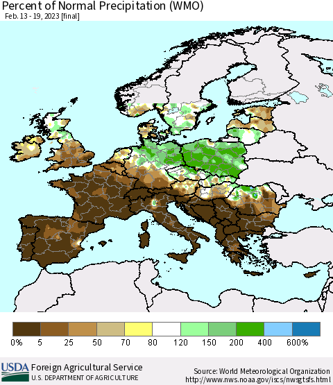 Europe Percent of Normal Precipitation (WMO) Thematic Map For 2/13/2023 - 2/19/2023