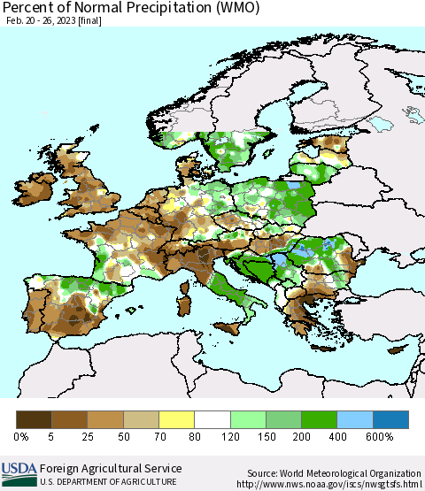 Europe Percent of Normal Precipitation (WMO) Thematic Map For 2/20/2023 - 2/26/2023