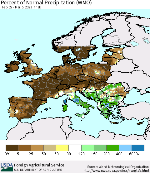 Europe Percent of Normal Precipitation (WMO) Thematic Map For 2/27/2023 - 3/5/2023