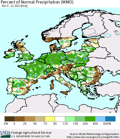 Europe Percent of Normal Precipitation (WMO) Thematic Map For 3/6/2023 - 3/12/2023