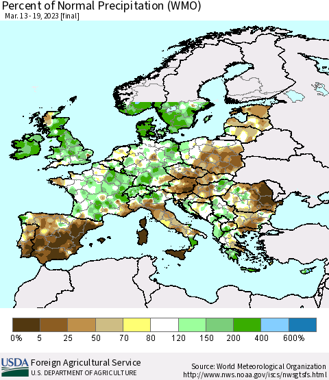 Europe Percent of Normal Precipitation (WMO) Thematic Map For 3/13/2023 - 3/19/2023
