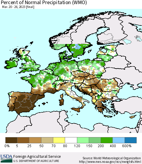 Europe Percent of Normal Precipitation (WMO) Thematic Map For 3/20/2023 - 3/26/2023