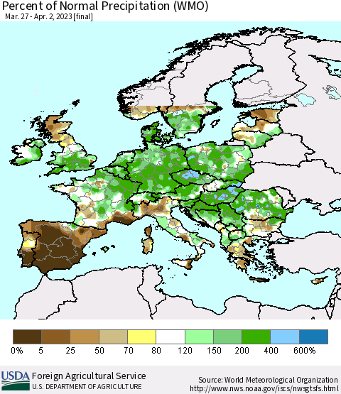 Europe Percent of Normal Precipitation (WMO) Thematic Map For 3/27/2023 - 4/2/2023