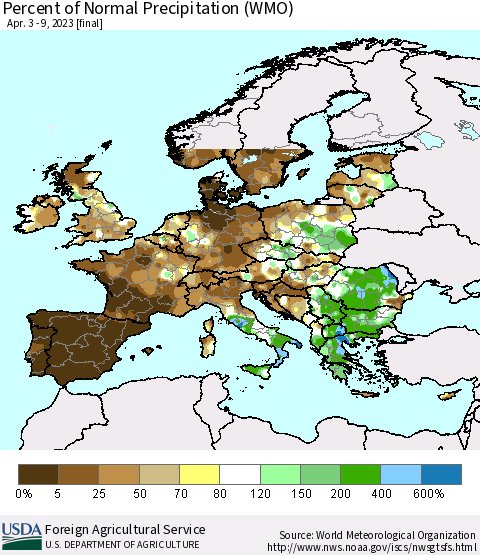 Europe Percent of Normal Precipitation (WMO) Thematic Map For 4/3/2023 - 4/9/2023