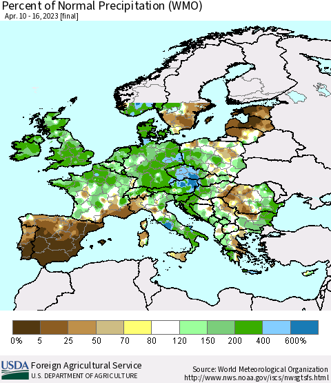Europe Percent of Normal Precipitation (WMO) Thematic Map For 4/10/2023 - 4/16/2023
