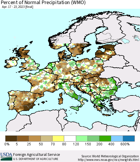 Europe Percent of Normal Precipitation (WMO) Thematic Map For 4/17/2023 - 4/23/2023