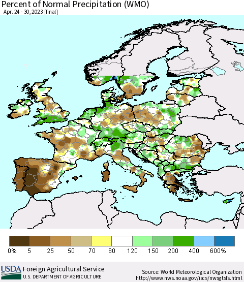 Europe Percent of Normal Precipitation (WMO) Thematic Map For 4/24/2023 - 4/30/2023