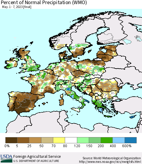 Europe Percent of Normal Precipitation (WMO) Thematic Map For 5/1/2023 - 5/7/2023