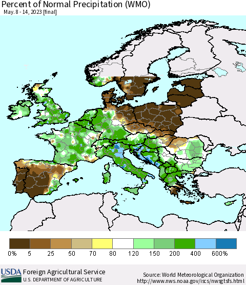 Europe Percent of Normal Precipitation (WMO) Thematic Map For 5/8/2023 - 5/14/2023