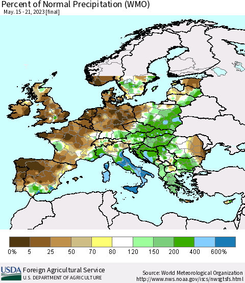 Europe Percent of Normal Precipitation (WMO) Thematic Map For 5/15/2023 - 5/21/2023