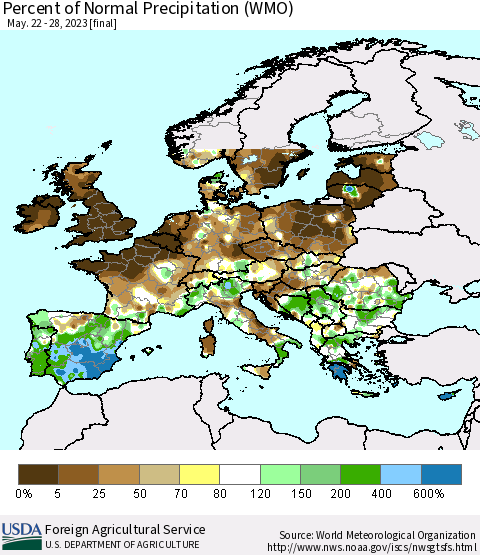 Europe Percent of Normal Precipitation (WMO) Thematic Map For 5/22/2023 - 5/28/2023