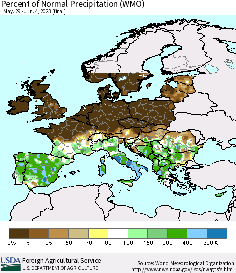 Europe Percent of Normal Precipitation (WMO) Thematic Map For 5/29/2023 - 6/4/2023