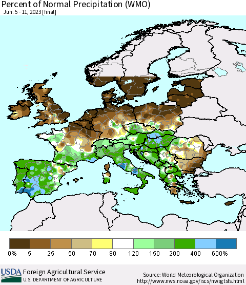Europe Percent of Normal Precipitation (WMO) Thematic Map For 6/5/2023 - 6/11/2023