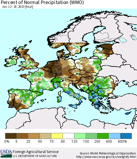 Europe Percent of Normal Precipitation (WMO) Thematic Map For 6/12/2023 - 6/18/2023