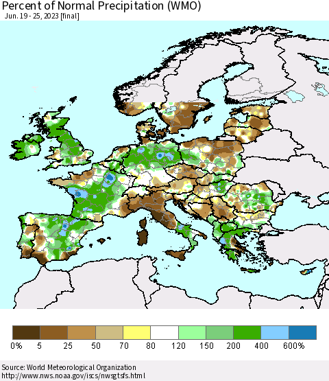 Europe Percent of Normal Precipitation (WMO) Thematic Map For 6/19/2023 - 6/25/2023