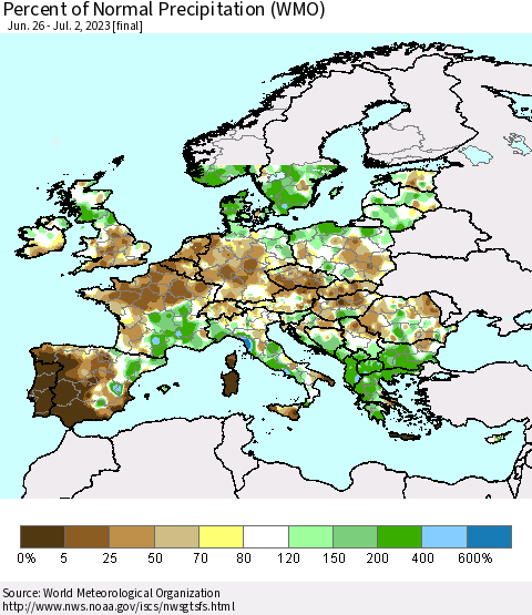 Europe Percent of Normal Precipitation (WMO) Thematic Map For 6/26/2023 - 7/2/2023