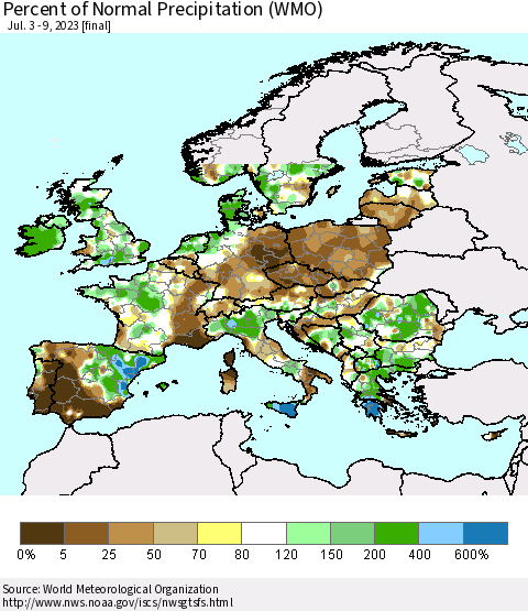 Europe Percent of Normal Precipitation (WMO) Thematic Map For 7/3/2023 - 7/9/2023