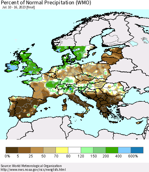 Europe Percent of Normal Precipitation (WMO) Thematic Map For 7/10/2023 - 7/16/2023