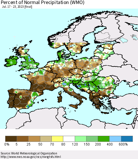 Europe Percent of Normal Precipitation (WMO) Thematic Map For 7/17/2023 - 7/23/2023