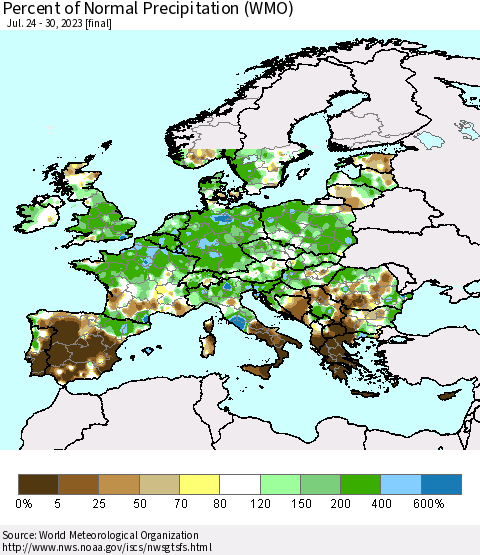 Europe Percent of Normal Precipitation (WMO) Thematic Map For 7/24/2023 - 7/30/2023