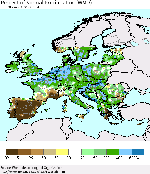 Europe Percent of Normal Precipitation (WMO) Thematic Map For 7/31/2023 - 8/6/2023