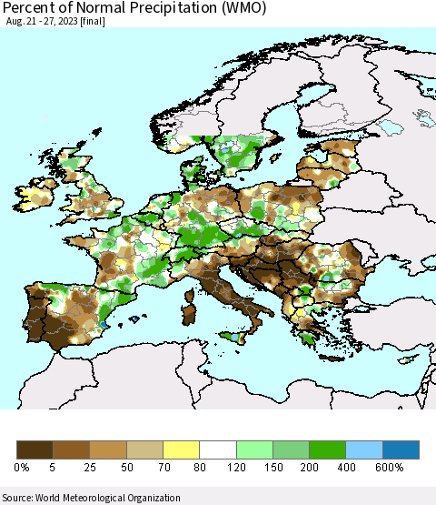 Europe Percent of Normal Precipitation (WMO) Thematic Map For 8/21/2023 - 8/27/2023
