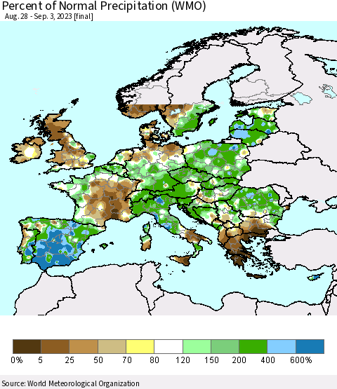 Europe Percent of Normal Precipitation (WMO) Thematic Map For 8/28/2023 - 9/3/2023