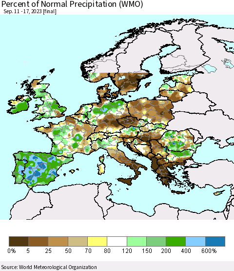 Europe Percent of Normal Precipitation (WMO) Thematic Map For 9/11/2023 - 9/17/2023